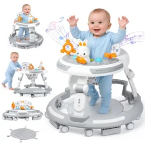 4-in-1 Foldable Baby Walker and Activity Center, Height Adjustable Learning Push Walker with 360° Silent Wheels & Dining Tray for Infants 6-18 Months