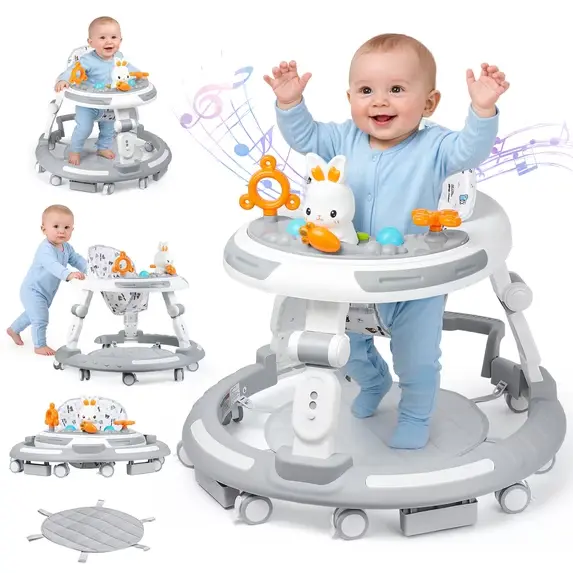 4-in-1 Foldable Baby Walker and Activity Center, Height Adjustable Learning Push Walker with 360° Silent Wheels & Dining Tray for Infants 6-18 Months