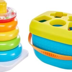 Fisher-Price Baby’s First Blocks & Rock-a-Stack Toy Set, Bucket of 10 Shapes & Ring Stacking Activity for Developmental Play Ages 6+ Months (Amazon Exclusive), Pack of 2
