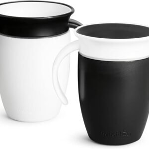 Munchkin Miracle 360 Sippy Cup for 6 Month Old, Spill Proof Baby and Toddler Cups with Transition Handles, 7 Ounce, 2 Pack, Black/White