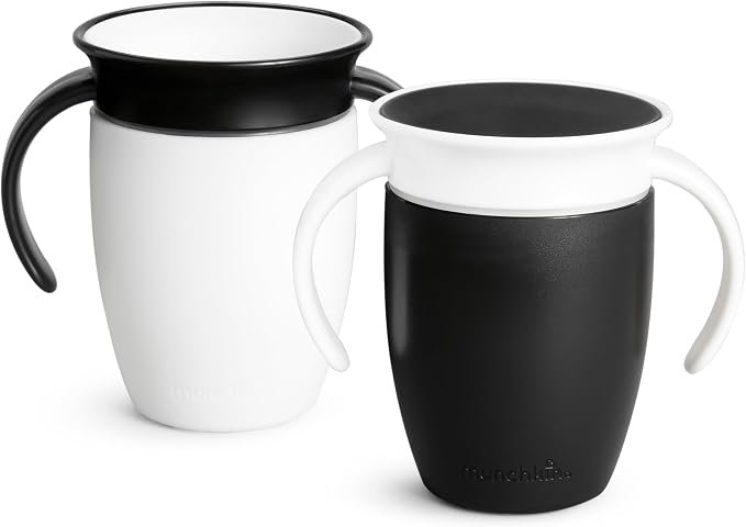 Munchkin Miracle 360 Sippy Cup for 6 Month Old, Spill Proof Baby and Toddler Cups with Transition Handles, 7 Ounce, 2 Pack, Black/White