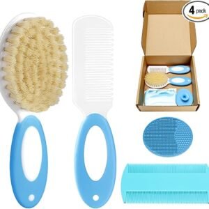 Baby Hair Brush and Comb Set, 4Pcs Baby Soft Bristles Hairbrush Cradle Cap Brush Hair Comb for Newborns Toddlers Boys Girls (Blue)