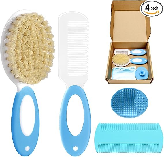 Baby Hair Brush and Comb Set, 4Pcs Baby Soft Bristles Hairbrush Cradle Cap Brush Hair Comb for Newborns Toddlers Boys Girls (Blue)