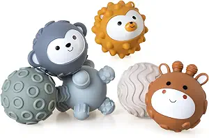 Soft Textured Sensory Balls 6 Pack with Cute Animals, Squeeze Massage for Babies 6-18 M
