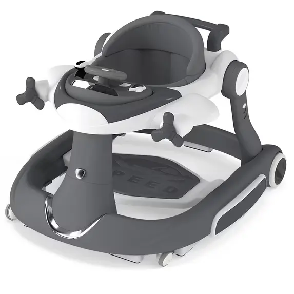 AILEEKISS 5-in-1 Musical Baby Walker with Wheels, Foldable Baby Walker for Boys Girls, Grey