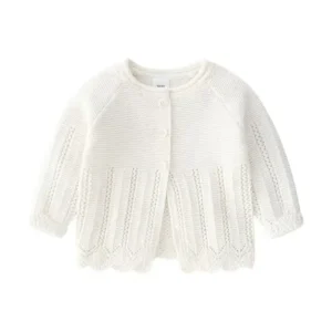 Baby Girls' Knit Cardigan, Solid Color Open Front Sweater for Newborn and Infant Winter Wear, Soft Cotton Casual Coat for Daily Outfits and Cool Weather Layering, 0-2 Years - White