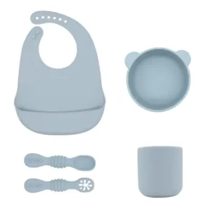 BabyX Silicone Baby Starter Kit, 5 Pieces First Feeding Set, Including Training Spoon, Fork, Cup, Bib and Bear Shaped Bowl (Blue), BPA-Free, Baby Utensils Supplies, Microwave/Dishwasher Safe