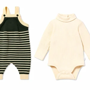 MORI Baby 2pc Outfit Set Striped Knit Overalls & Turtleneck Ribbed Bodysuit 0-3M